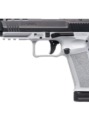 CANIK TP9 9MM PISTOL, 5.2″ BARREL, 3 DOT SIGHTS, BLACK, WHITE