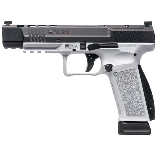 CANIK TP9 9MM PISTOL, 5.2″ BARREL, 3 DOT SIGHTS, BLACK, WHITE