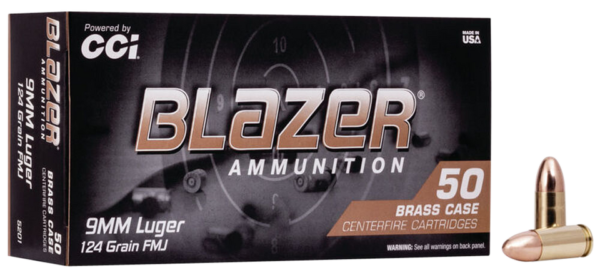 CCI Blazer Brass Pistol Ammo 9mm Luger 124 gr. FMJ Round Nose 50 rd.